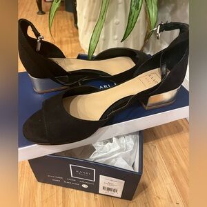 Black suede short heel ankle strap shoes